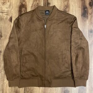 ZARA Faux Suede Bomber Jacket Ribbed Collar Brown Zip Front Moto Mens Size XL